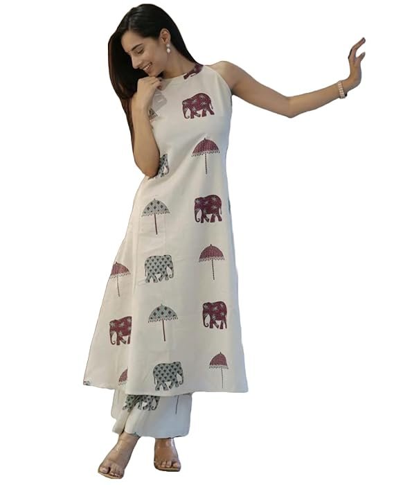 White Elephant Print Kurta Set
